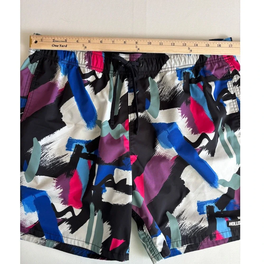 Hollister Mens Swim Trunks XL Abstract Brushstroke Blue Pink Black Mesh‎ Lined